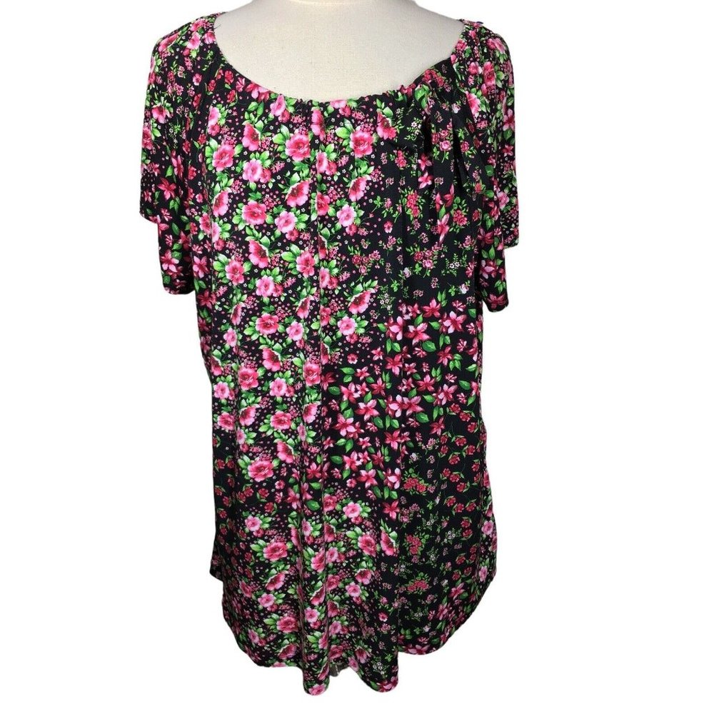 Liz McCoy Woman's 2X Plus Floral Cottagecore Tunic Top Stretch Short Sleeve F27